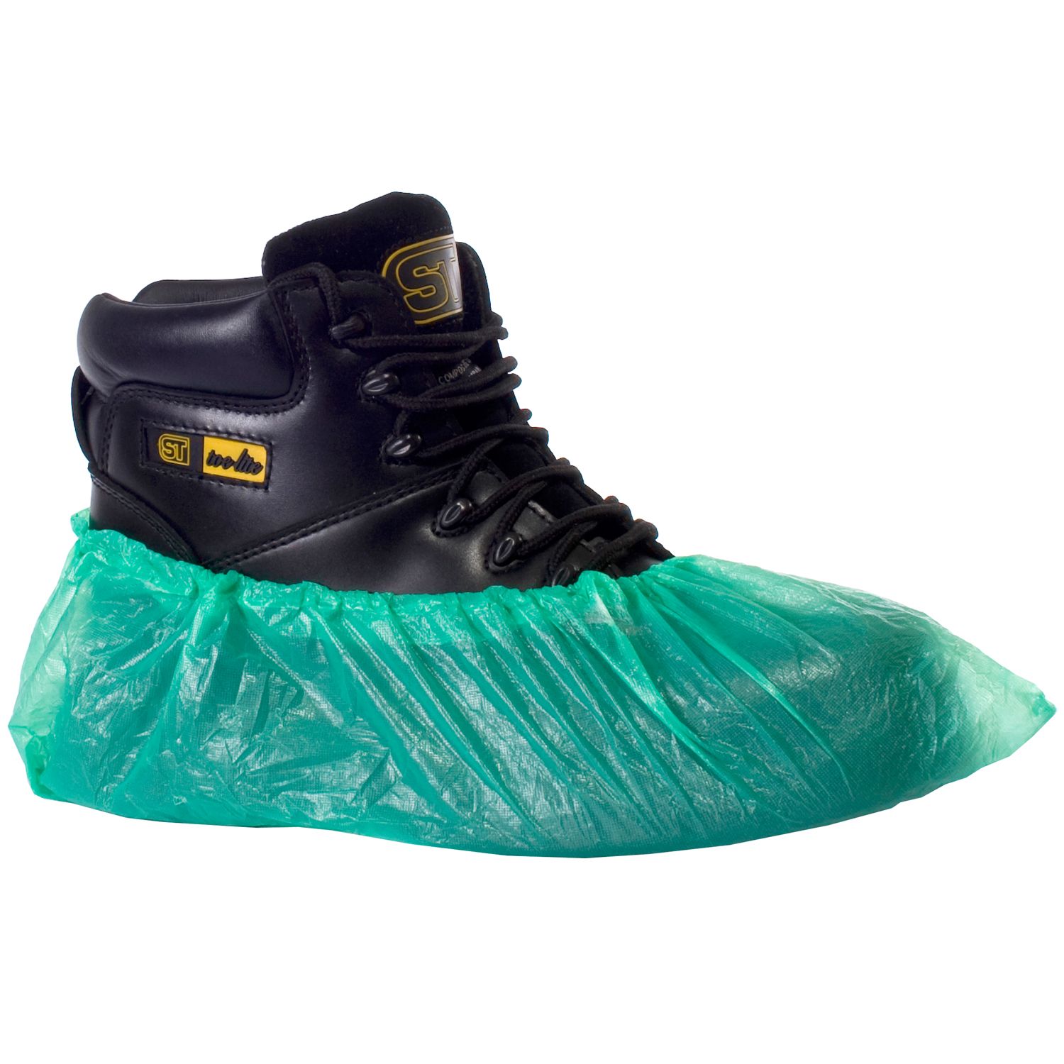 Green CPE disposable overshoes for colour-coded areas.