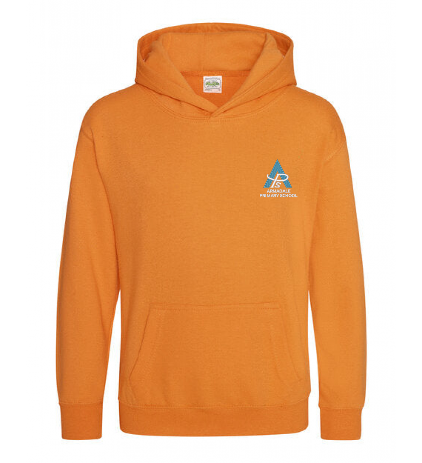 An ochre-colored Armadale PS House Hoodie for kids, featuring the school crest.