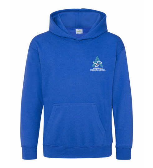 A kids' Armadale PS House Hoodie in royal blue with the school crest.