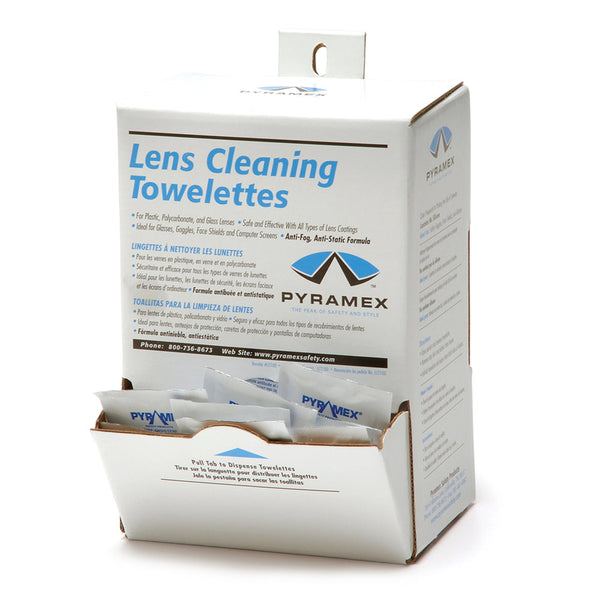 A box of 100 Pyramex moist lens cleaning towelettes for safety glasses.