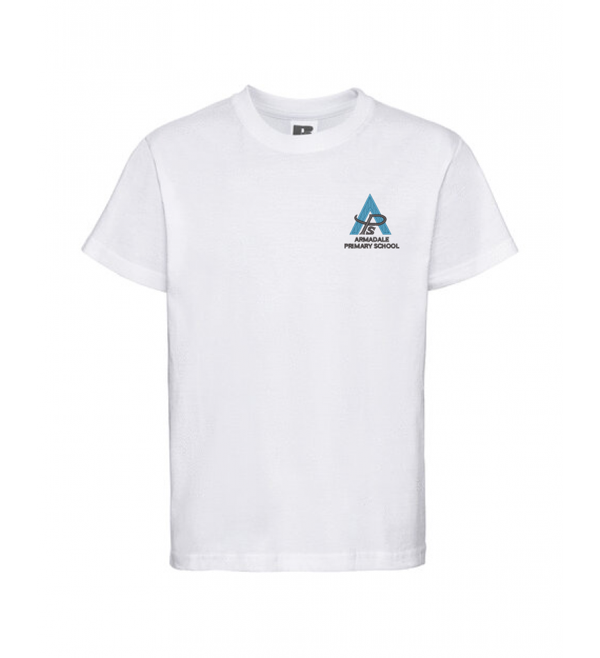 A white Armadale PS t-shirt for kids, with the school crest and house color panels.