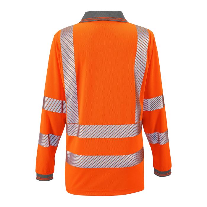 Full back view of the ladies' orange hi-vis long-sleeve polo shirt.