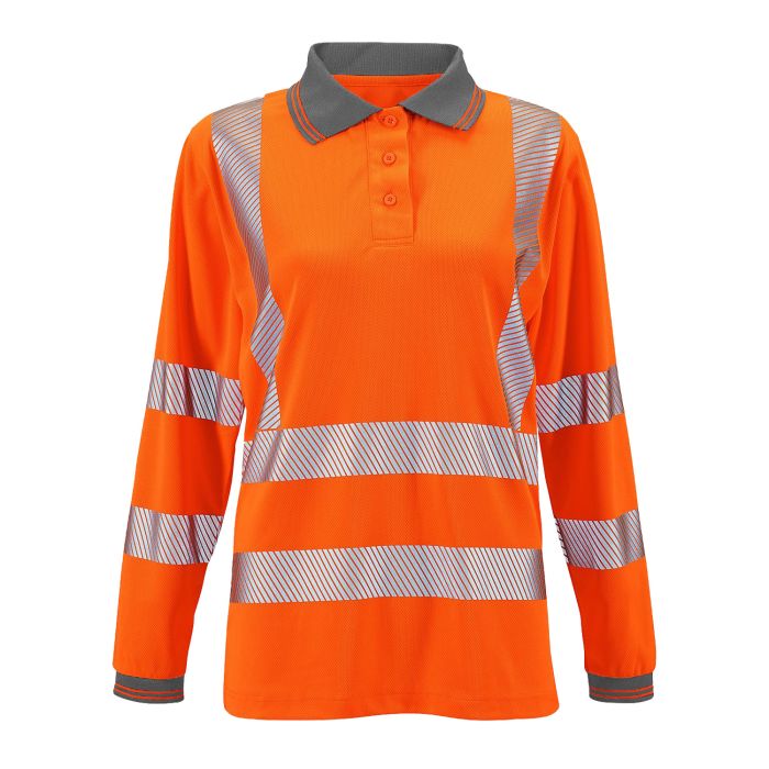 Full front view of the ladies' orange hi-vis long-sleeve polo shirt.