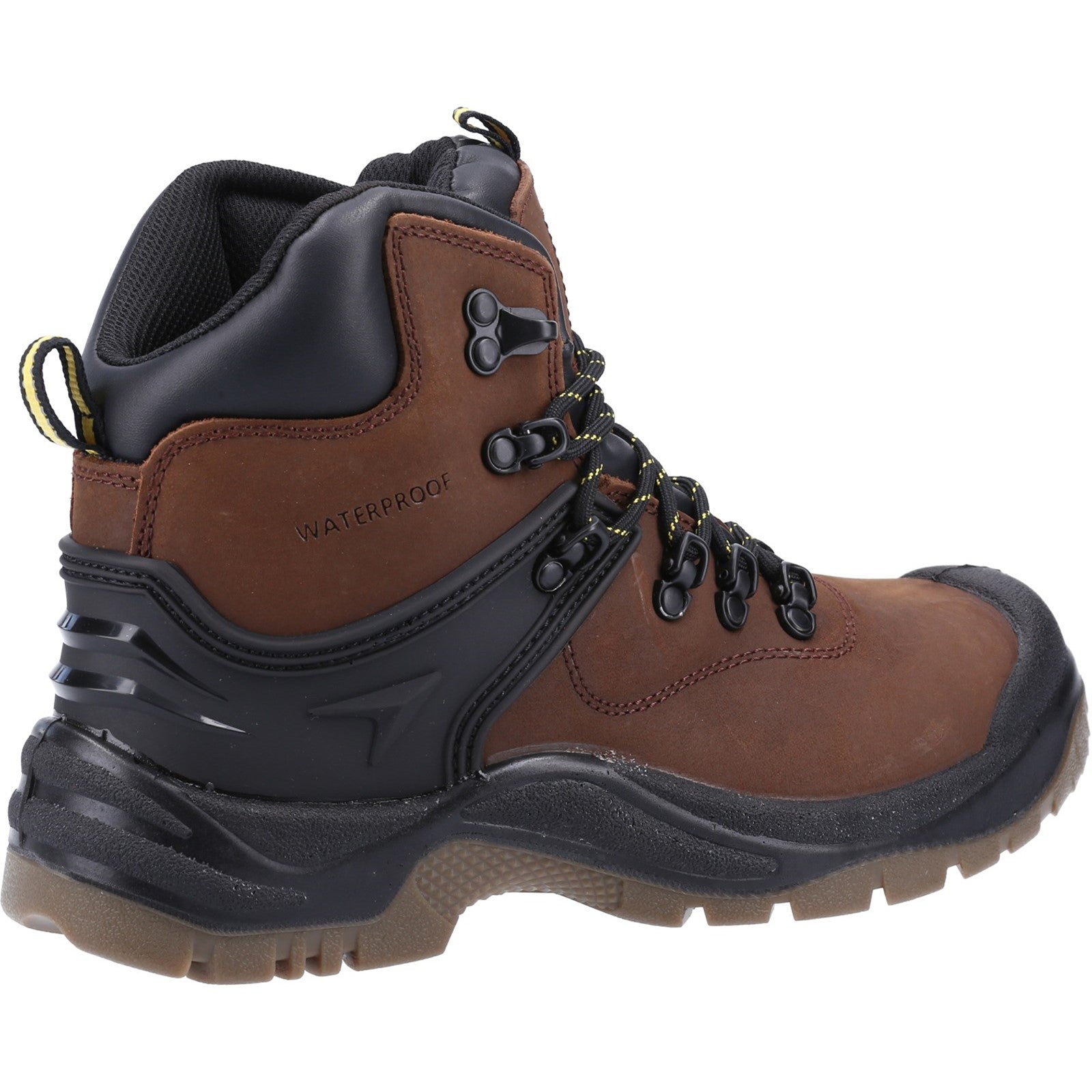 Side profile of the rugged Amblers FS197 safety boot in brown leather.