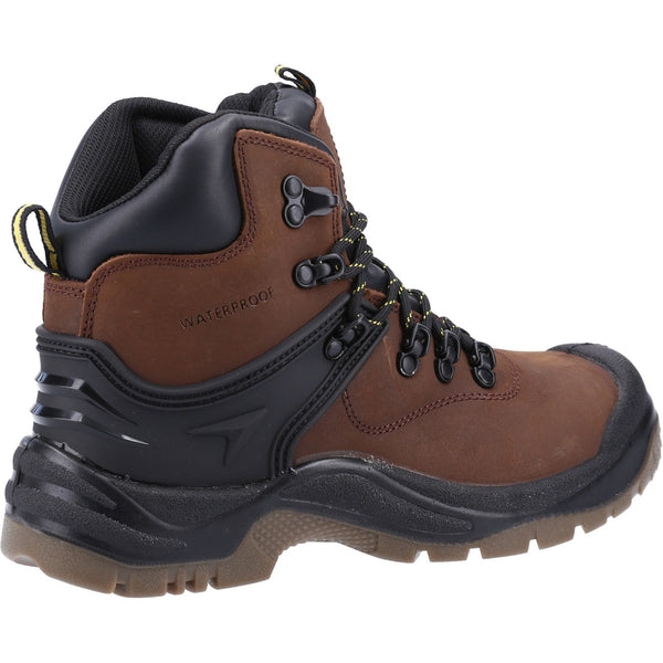 Side profile of the rugged Amblers FS197 safety boot in brown leather.