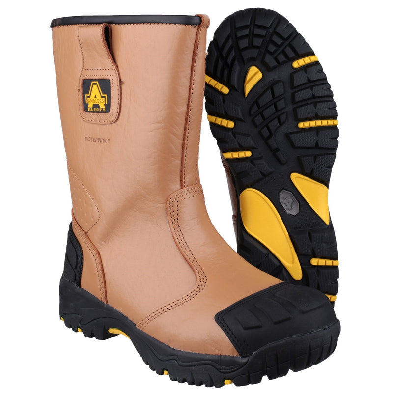Rear view of the Amblers FS143 waterproof rigger boot, highlighting the heel support.