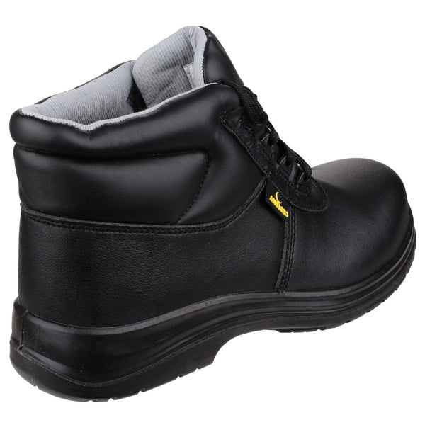 Outer side view of the black Amblers FS663 safety boot with lace-up front.