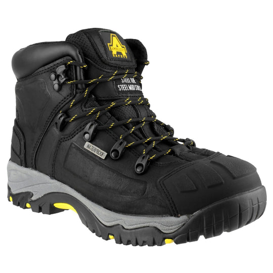 Amblers FS32 waterproof safety boot in black with yellow highlights.