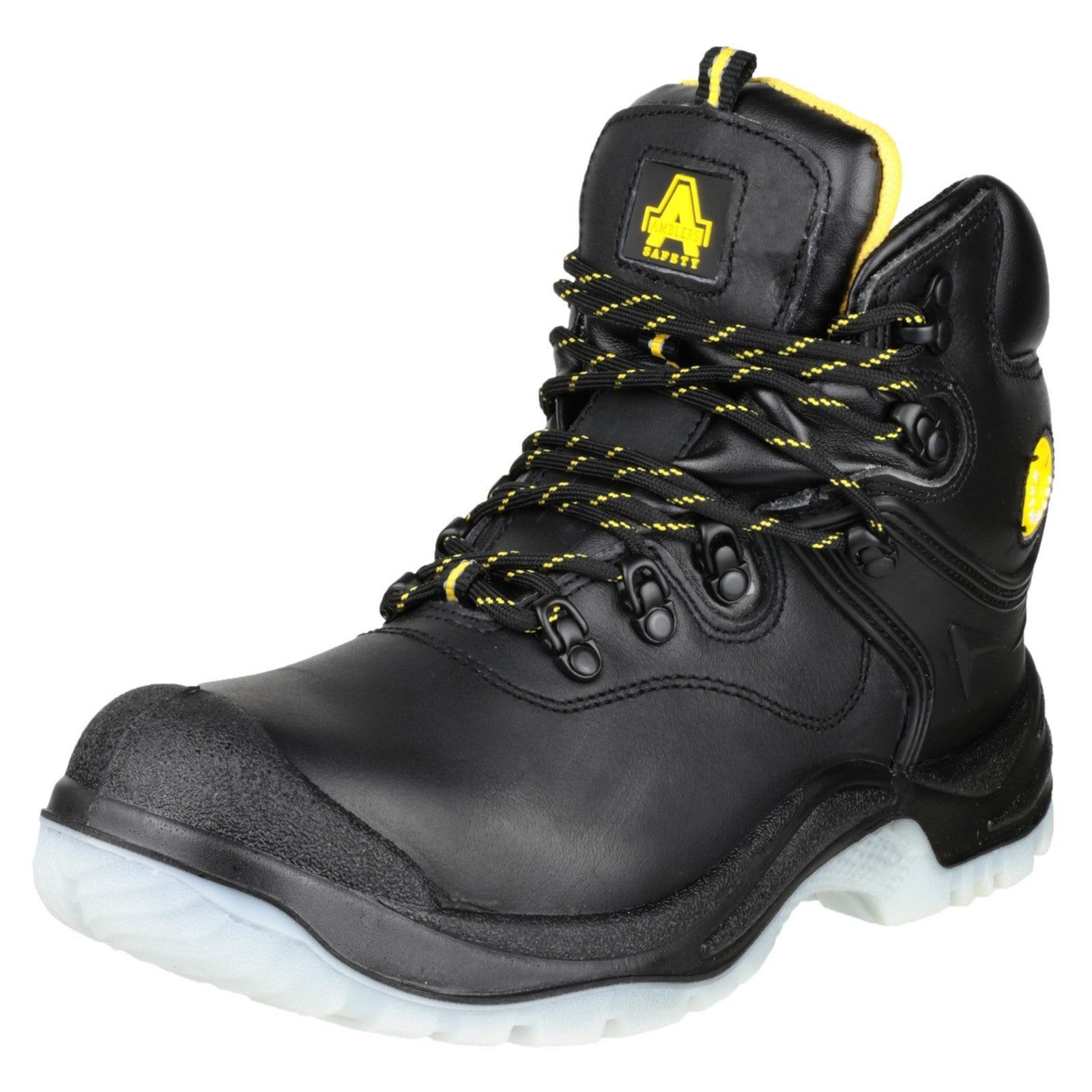 The patterned sole of the Amblers FS198 safety boot with red detailing.