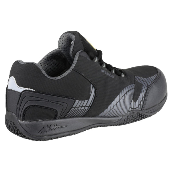 Side profile of the black and grey FS29C non-leather safety trainer.