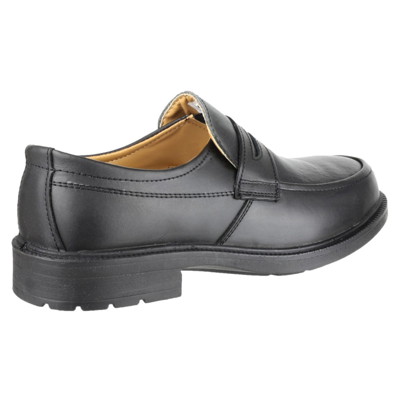 Side view of the FS46 mocc-toe safety shoe showing stitching detail.