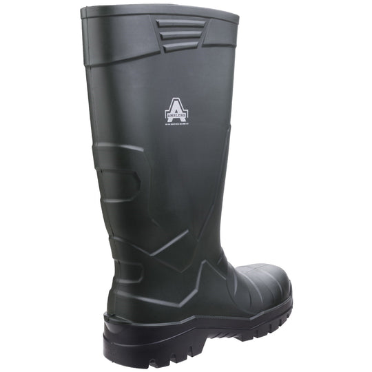 Side view of Amblers Teviot black wellington boots with durable grip sole and tall profile