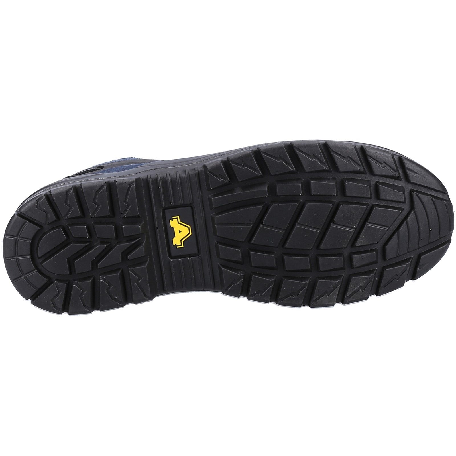 Black rubber sole of a safety boot with thick tread pattern and yellow Amblers logo in the center.