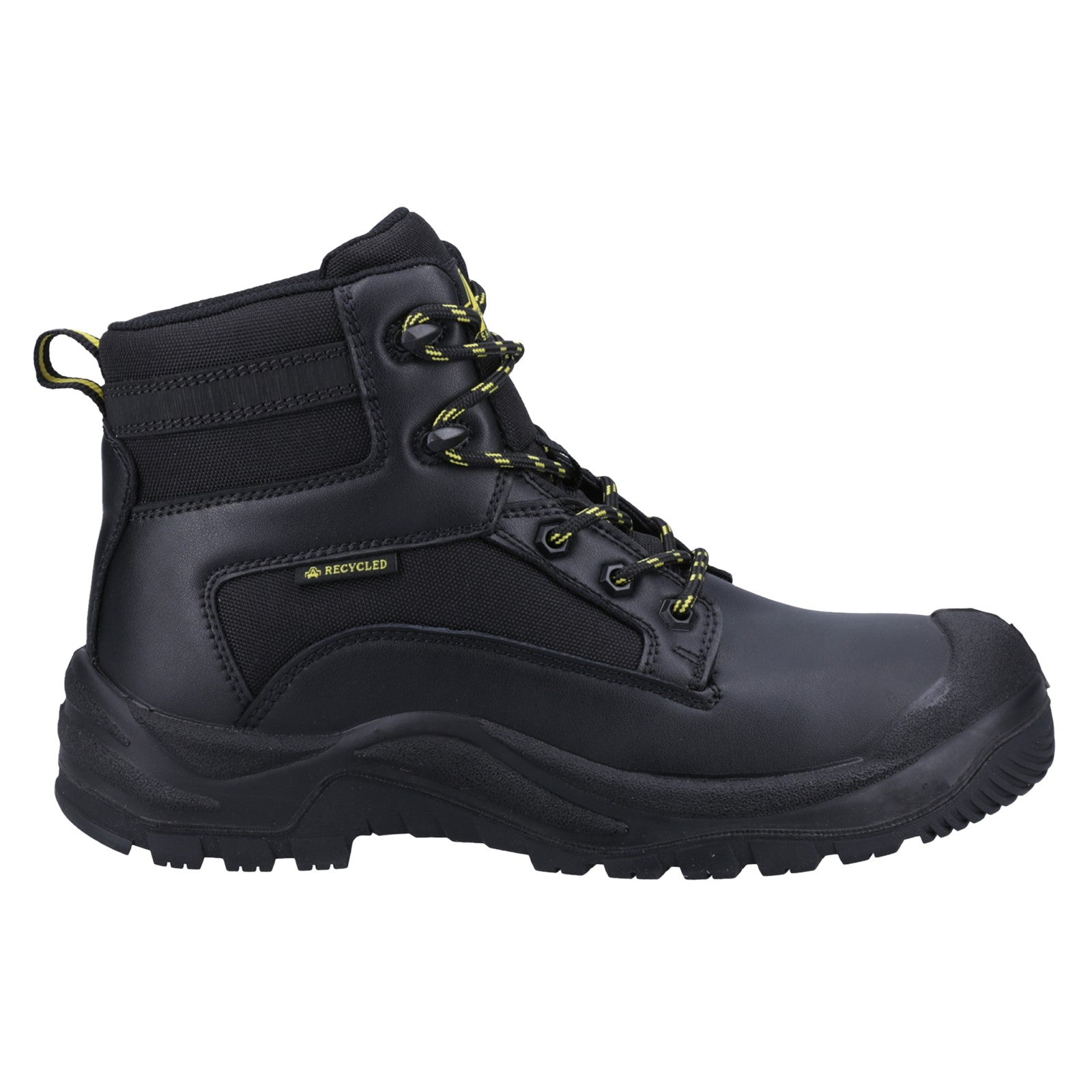 Black high-ankle work boot with yellow-accent laces and rugged sole
