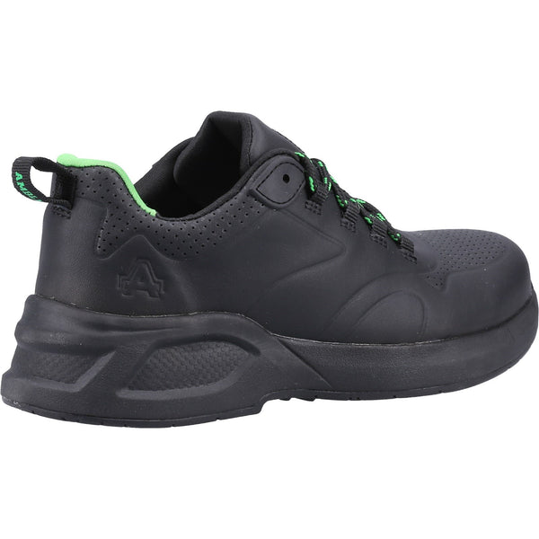 Side view of the black and light green Amblers 612 safety trainers.