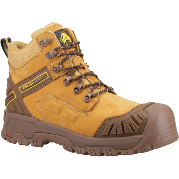Amblers Ignite safety boot with brown accents, angled view.