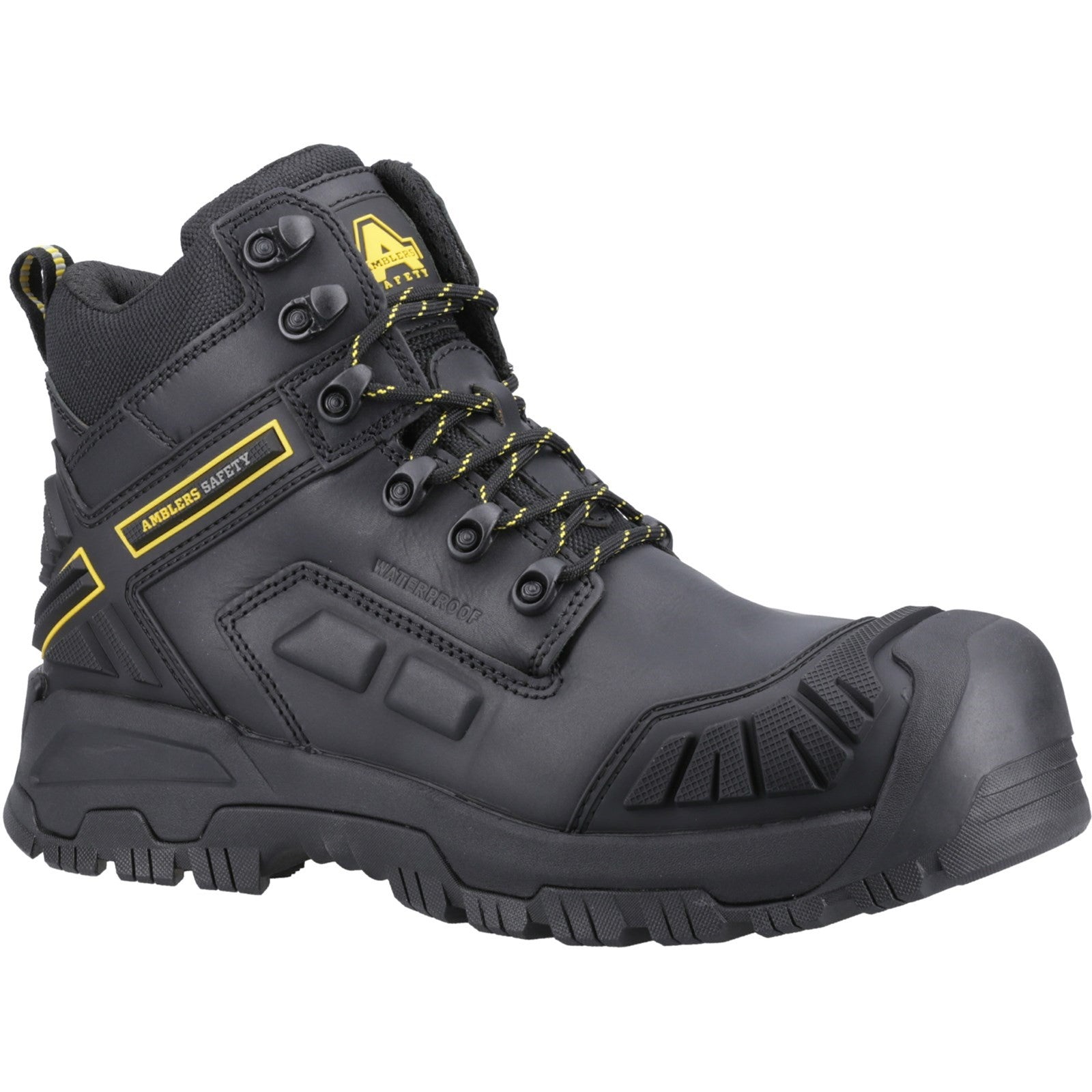 Amblers Flare safety boot in black with yellow detailing.