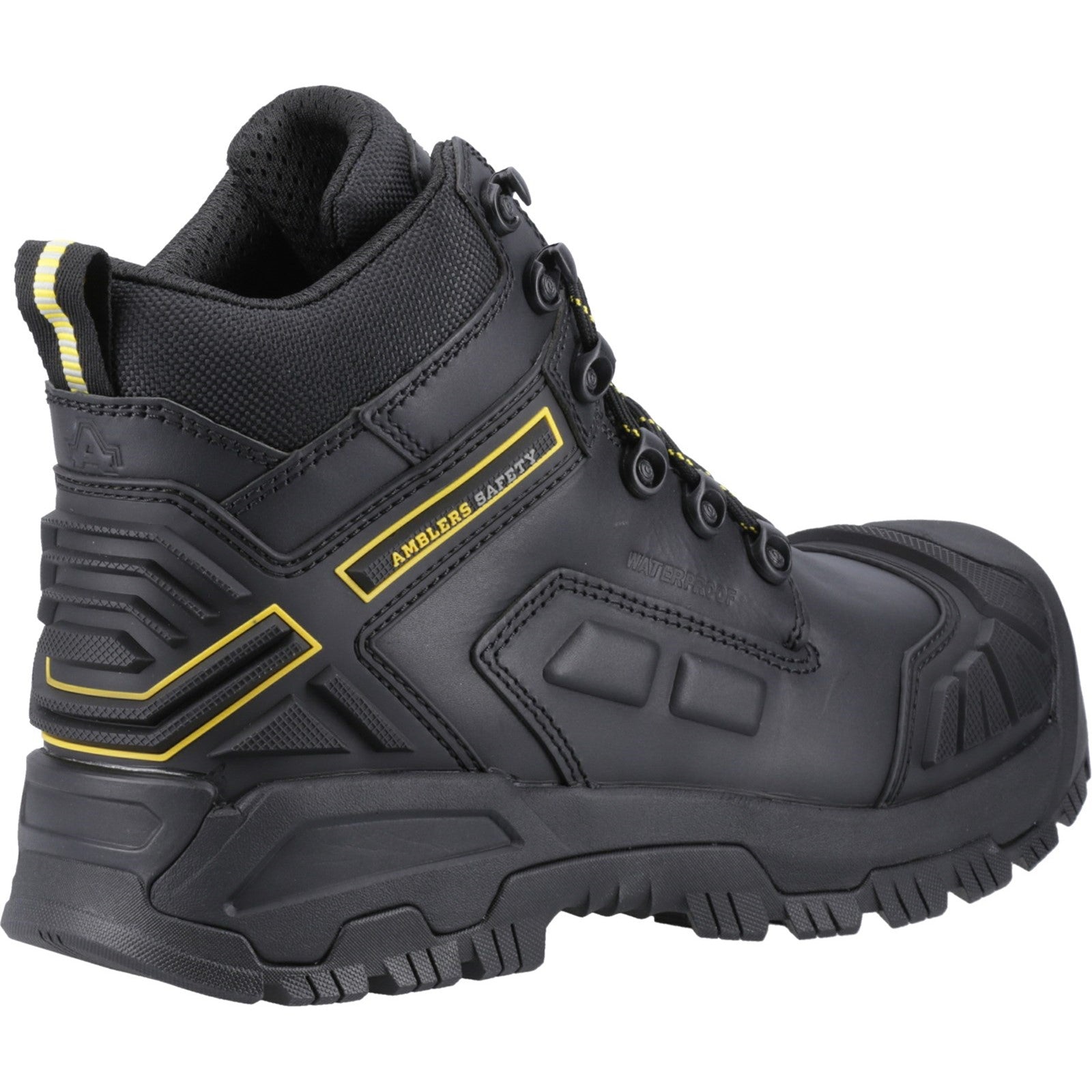 Side view of the black and yellow Flare safety boot.