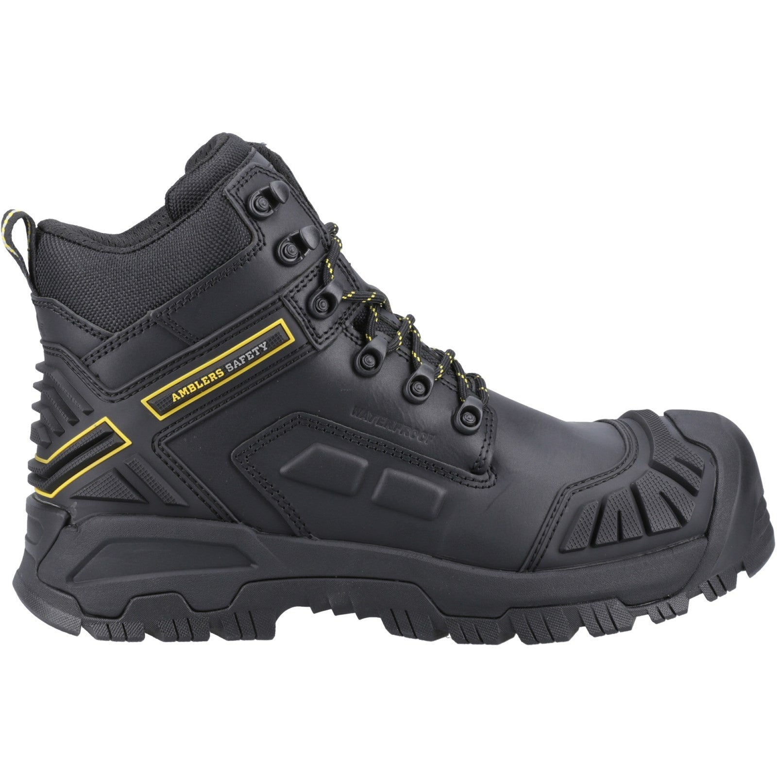 Black Amblers Safety work boot with reinforced toe, rugged sole, and yellow branding details.