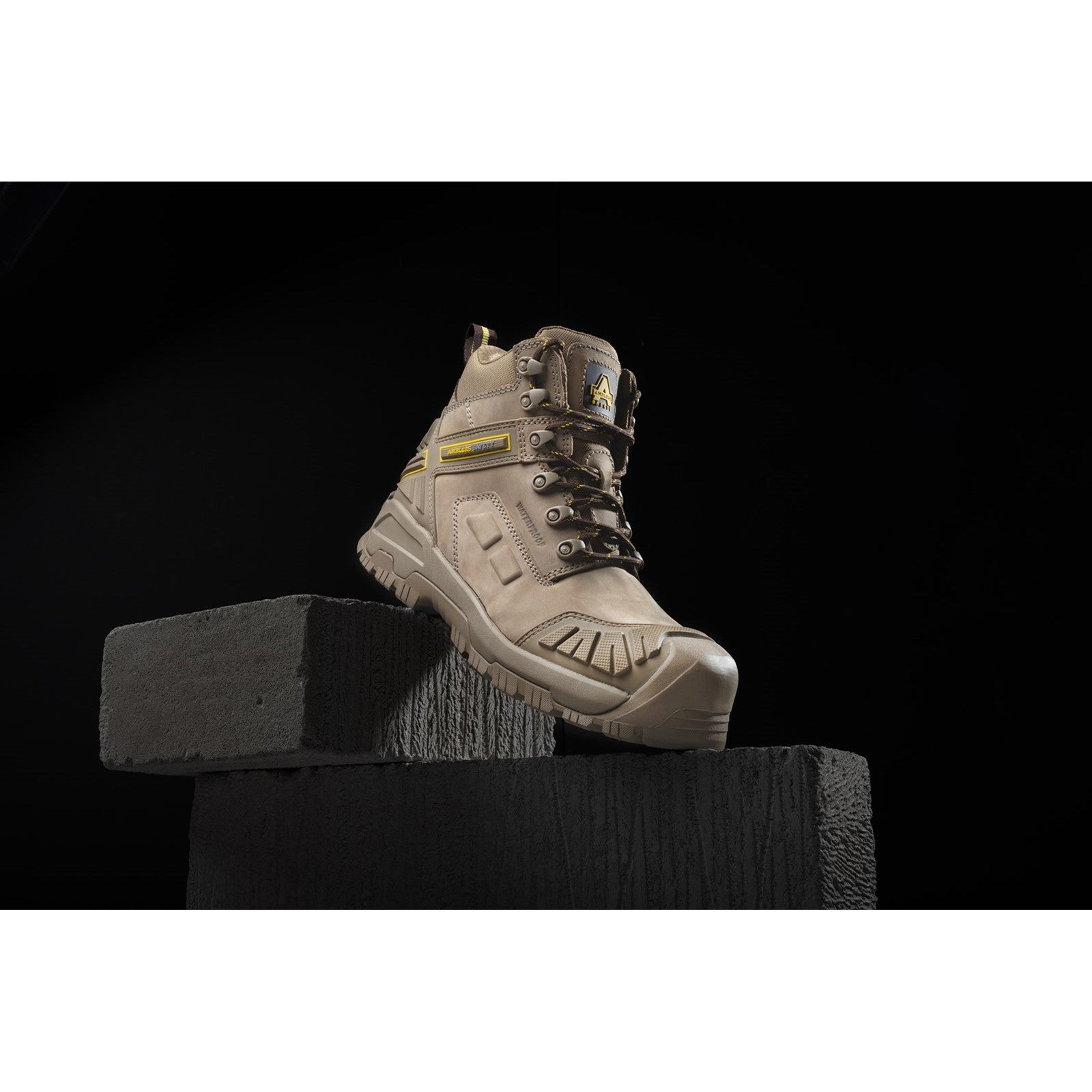 Tongue and branding on the AS965C Stone safety boot.