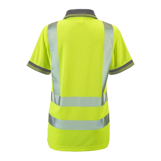 Back of Supertouch Ladies Savannah hi-vis short-sleeve polo in yellow.
