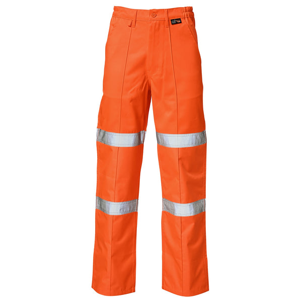 Supertouch hi-vis orange ballistic work trousers with two reflective bands.