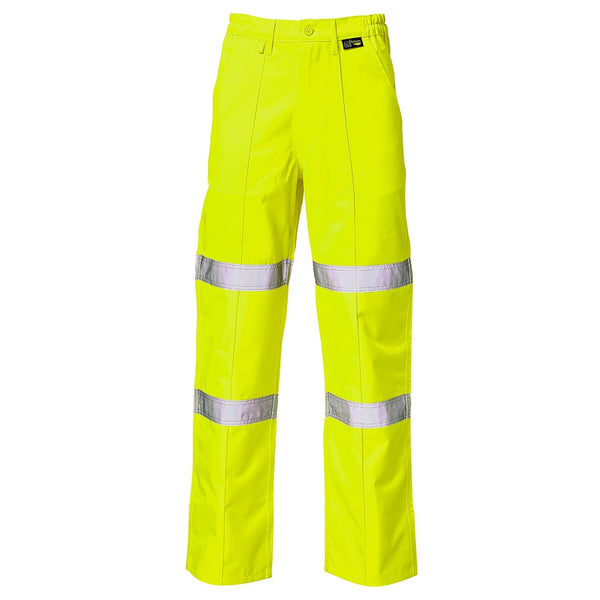 Supertouch hi-vis yellow two-tone combat trousers with reflective bands.