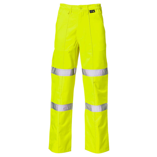 Supertouch hi-vis yellow ballistic work trousers with two reflective bands.