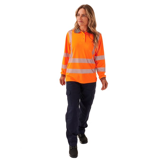 Detailed view of the ladies' Jaya hi-vis orange long-sleeve polo.