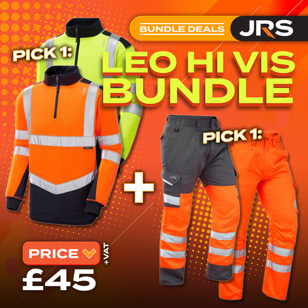 Leo Workwear hi-vis clothing bundle with t-shirts, polo shirts, and jackets for safety and visibility