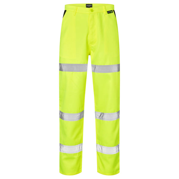 Supertouch hi-vis orange polycotton work trousers with three reflective bands.