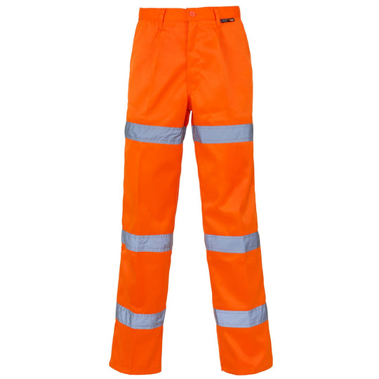 Supertouch hi-vis orange polycotton work trousers with three reflective bands.