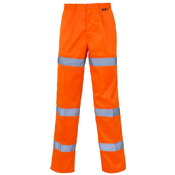 Supertouch hi-vis orange polycotton work trousers with three reflective bands.
