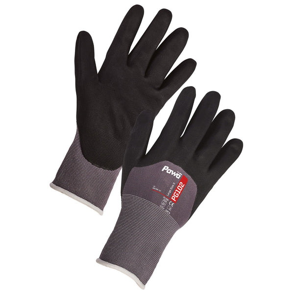 Grey and black Pawa PG102 breathable work gloves with a nitrile foam knuckle coating.