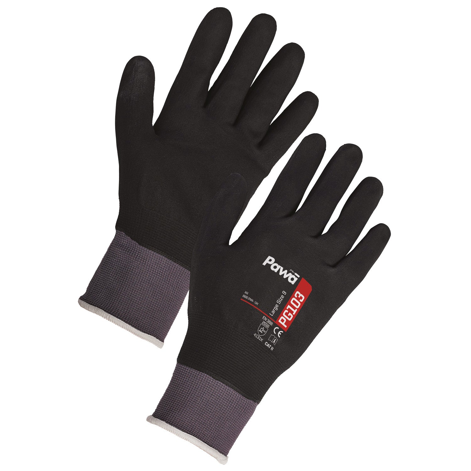 Pawa PG103 breathable safety glove with a full-dip black nitrile nano foam coating.