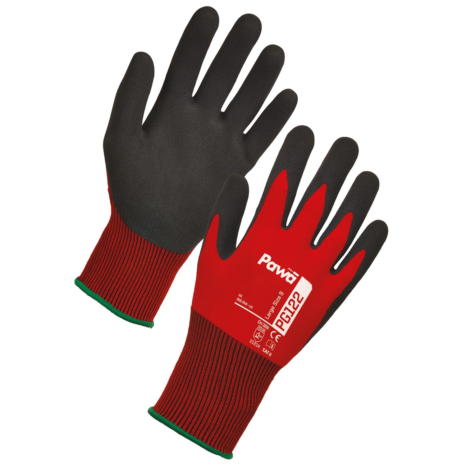 Red Pawa PG122 high-dexterity work glove with a black sandy latex coating for grip.