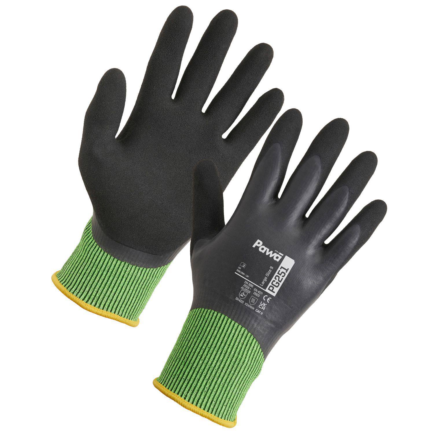 A pair of Supertouch Pawa PG251 water-repellent, anti-cut work gloves.