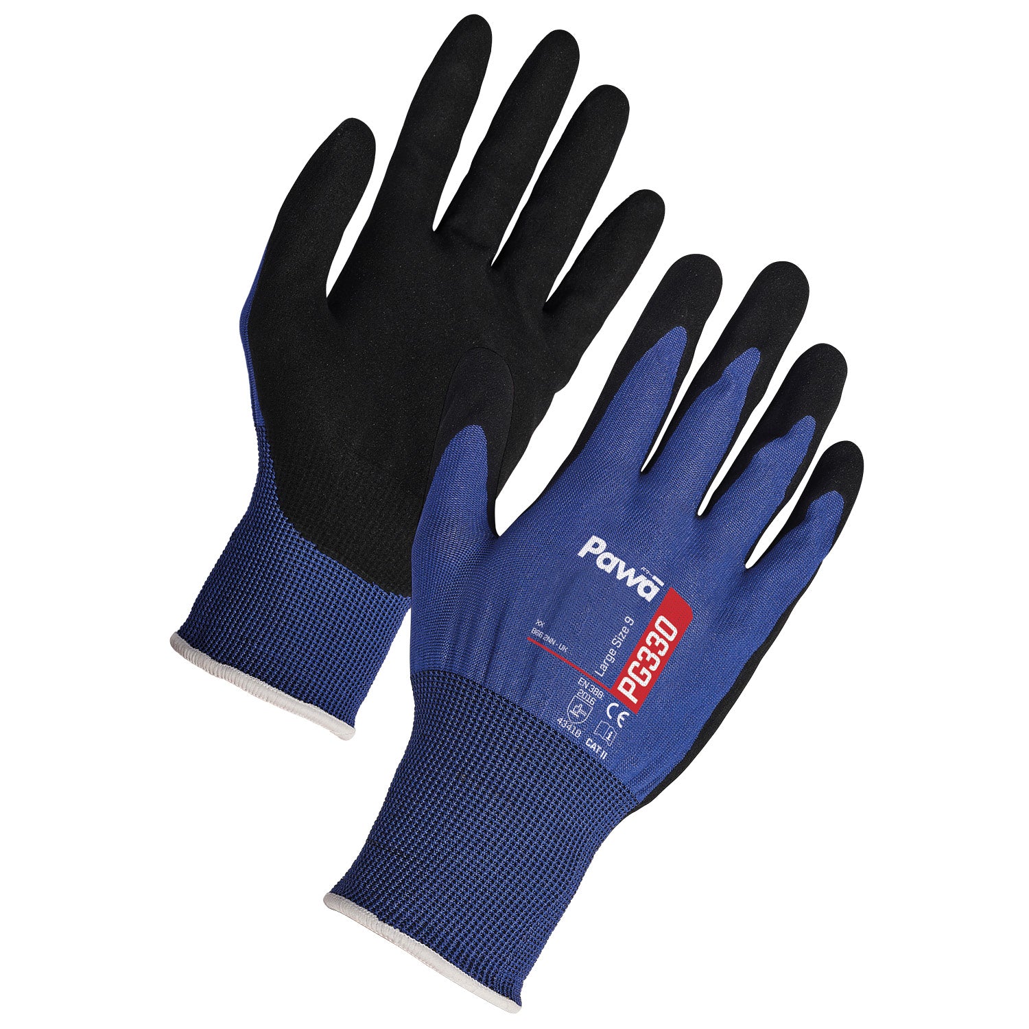 Pair of Black and Blue Supertouch Pawa PG330 cut-resistant industrial work gloves.