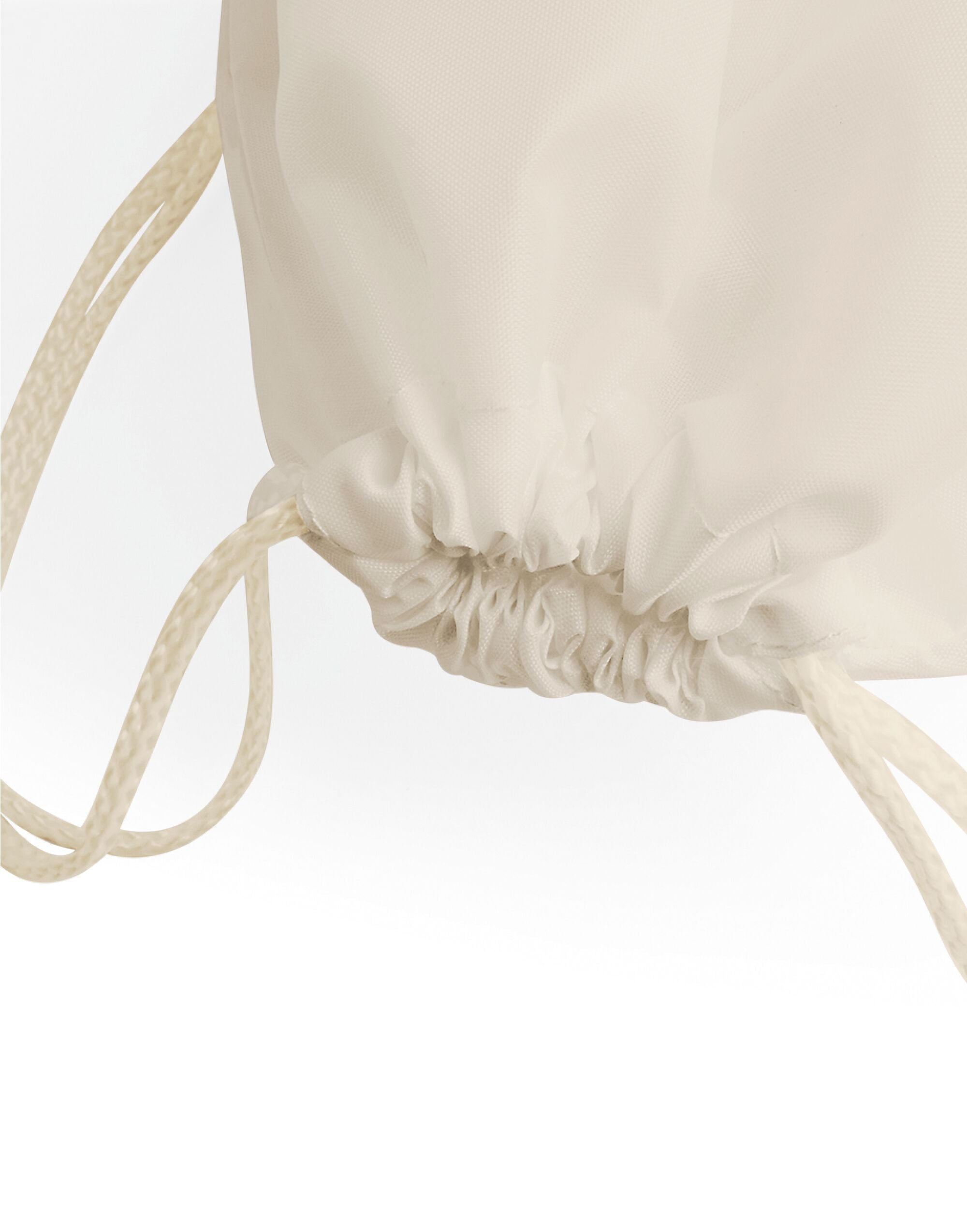 Angled view of the blank Bagbase Sublimation Gymsac, showing the black drawstring cords and reinforced corners.