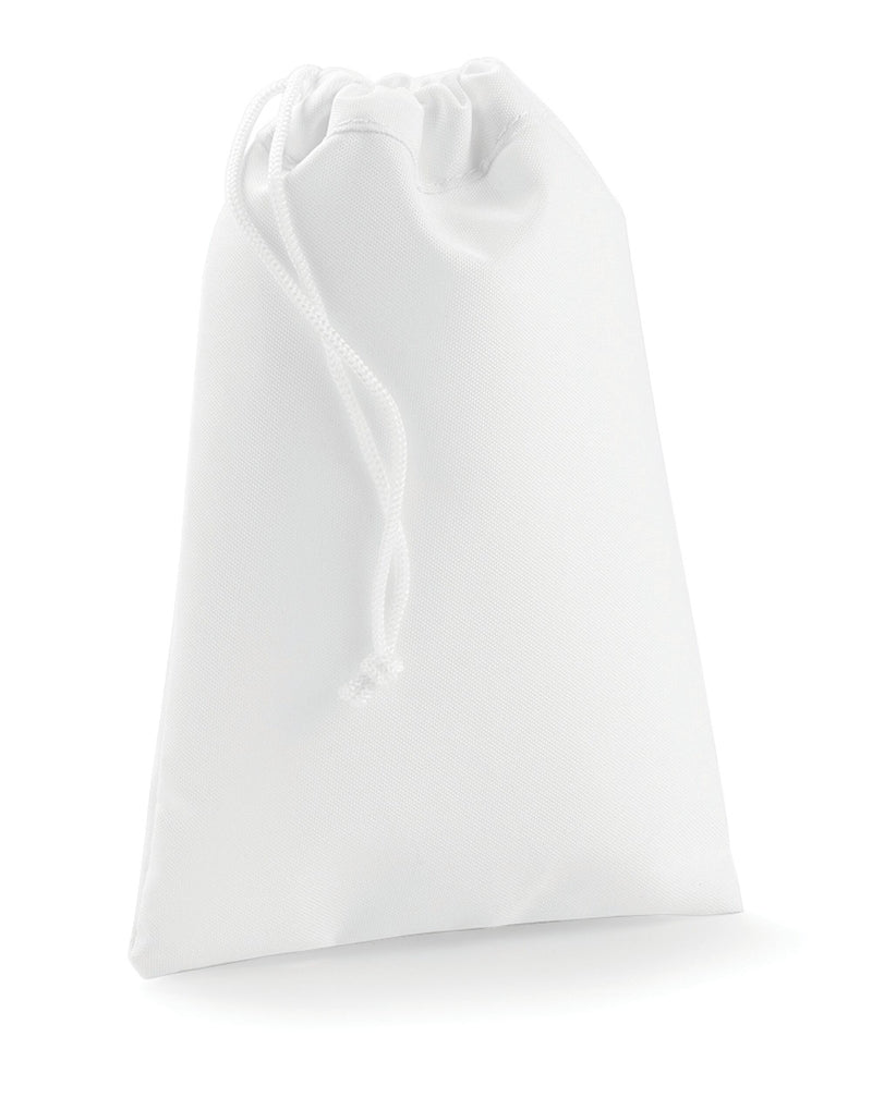 The Bagbase Sublimation Stuff Bag with a personalized image printed, showcasing its use as a gift bag.
