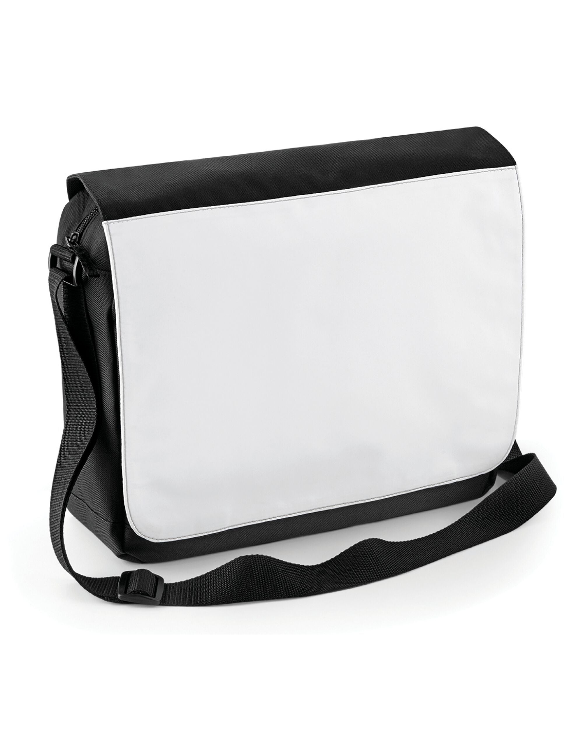 Front view of the Bagbase Sublimation Messenger Bag with a white printable flap and black body.