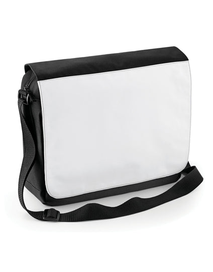 Front view of the Bagbase Sublimation Messenger Bag with a white printable flap and black body.