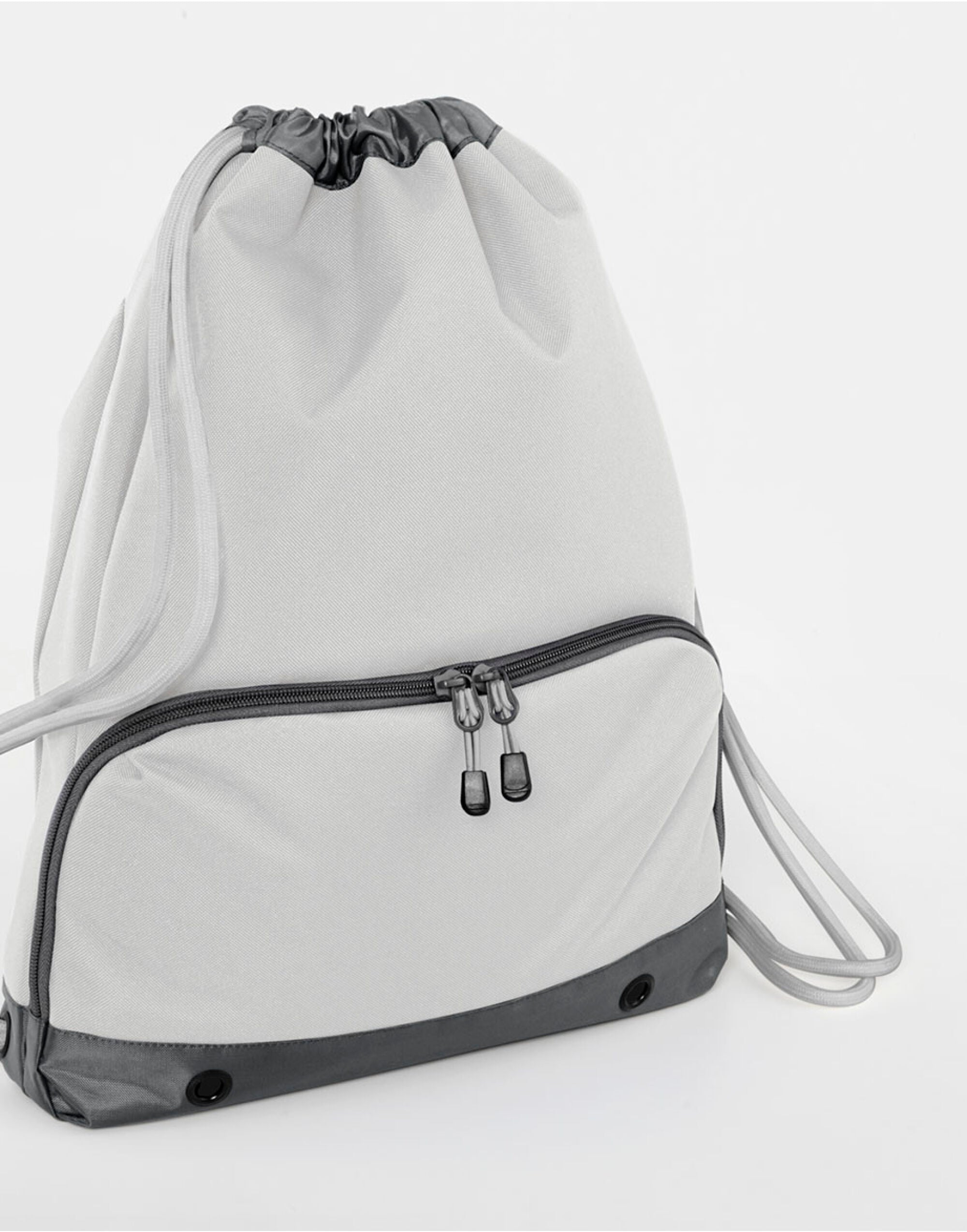 The Bagbase Athleisure Gymsac in black, shown with cords pulled to close the bag securely.