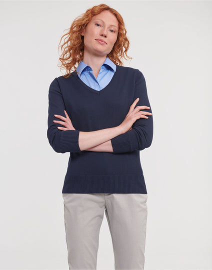 Russell Collection Ladies' V-Neck Knitted Pullover - French Navy