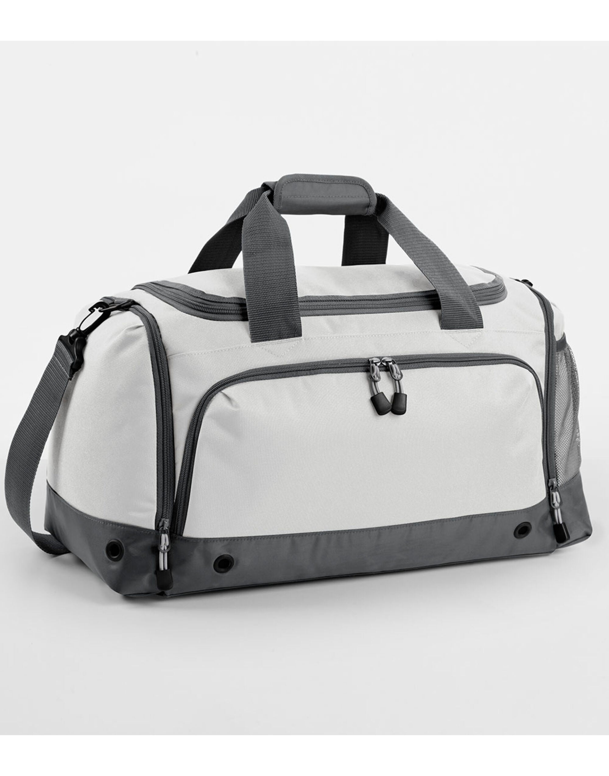 Angled view of the grey marl Bagbase Athleisure Holdall, focusing on the front pocket detail.