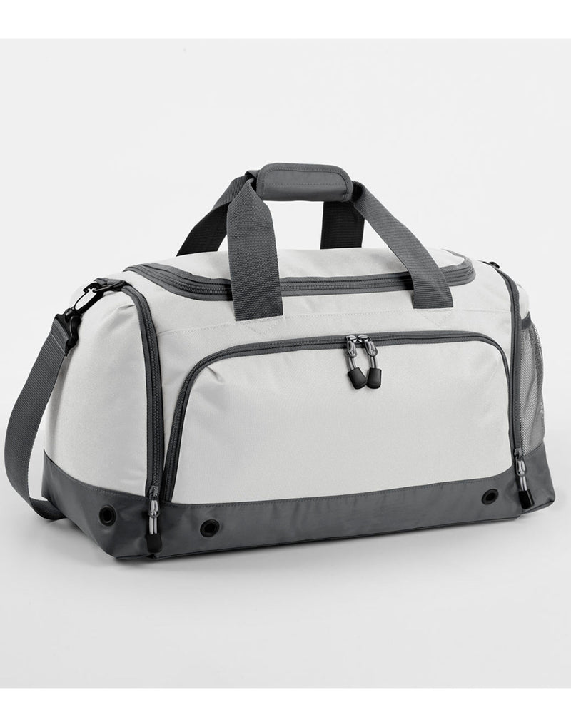 Angled view of the grey marl Bagbase Athleisure Holdall, focusing on the front pocket detail.