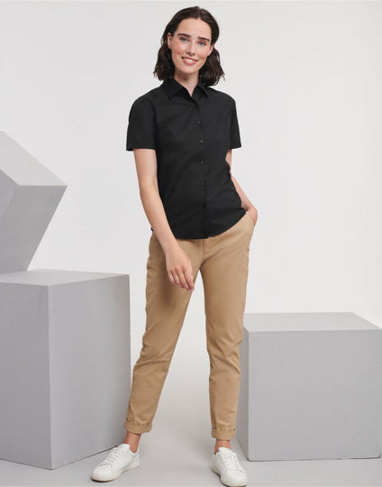 Russell Collection Ladies' Short Sleeve Tailored Oxford Shirt - Black