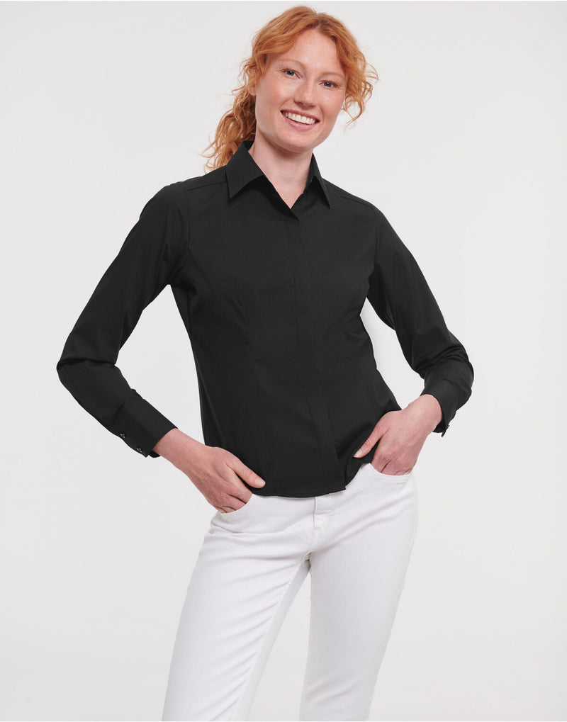 Russell Collection Ladies' Long Sleeve Fitted Polycotton Poplin Shirt - Black
