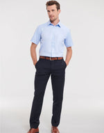 Russell Collection Men'S Short Sleeve Tailored Herringbone Shirt - Light Blue