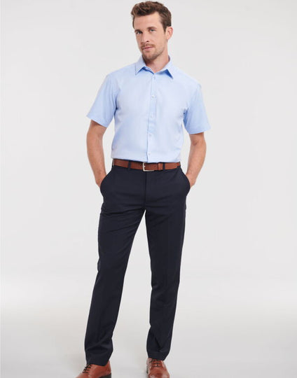 Russell Collection Men'S Short Sleeve Tailored Herringbone Shirt - Light Blue